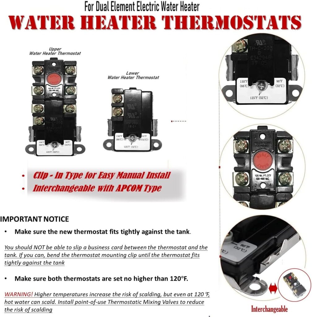 EWH-00 Electric Water Heater Thermostat for double element Heater, Includes 1x Upper Thermostat and 1x Lower Thermostat, Universal type for TOD  APCOM type, Fit for Most Electric Water Heaters