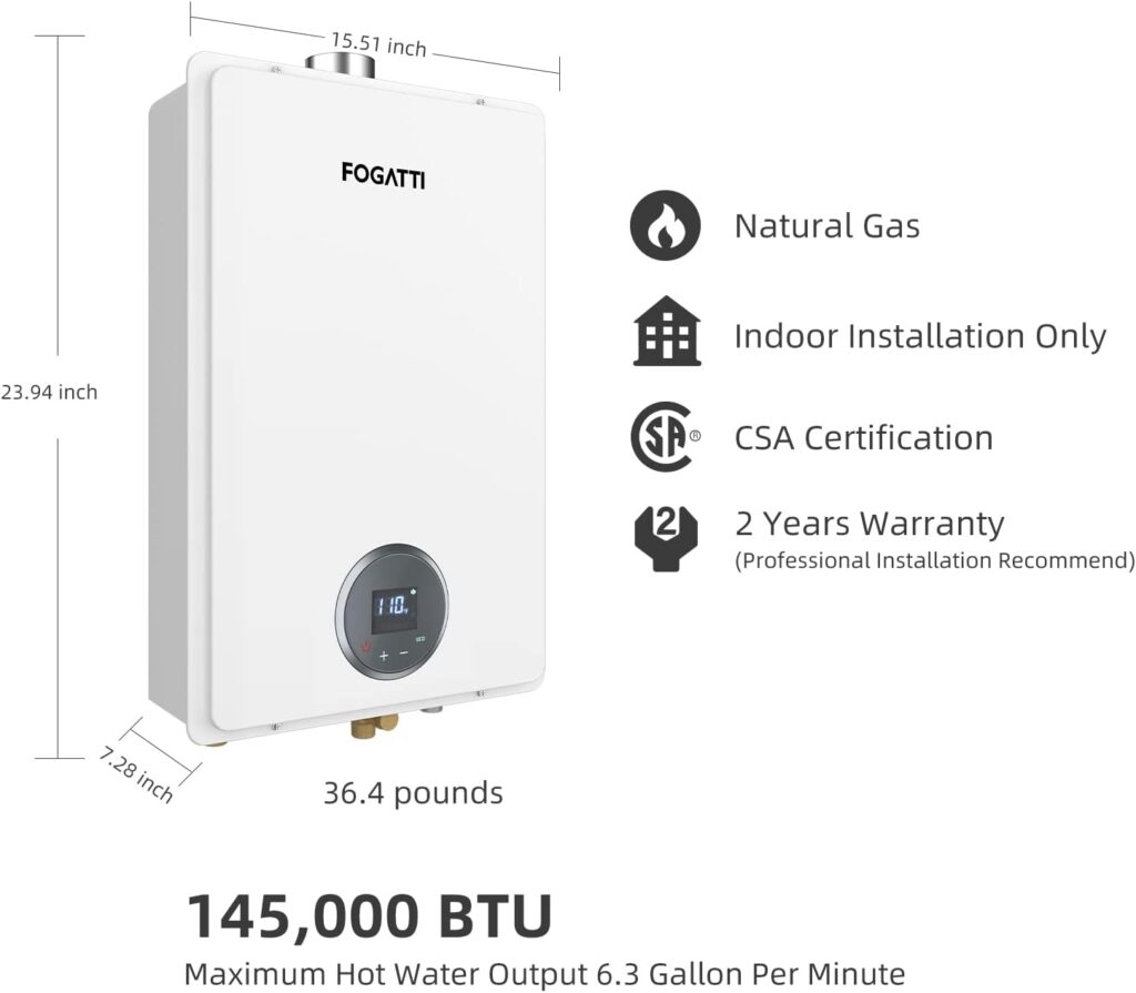 FOGATTI Natural Gas Tankless Water Heater, Indoor 6.3 GPM, 145,000 BTU White Instant Hot Water Heater, InstaGas Comfort 145 Series