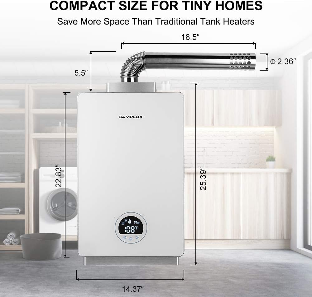 Tankless Water Heater Propane, Camplux 3.18 GPM Instant Hot Water Heater with Fahrenheit Digital Display, Residential Propane Gas Water Heater for 2-3 Persons Bathroom Indoor Use, White
